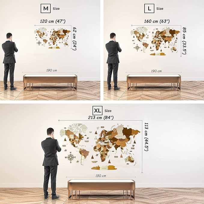 Wooden World Map 3D Art Large Wall Decor - Size (M, L, XL) Any Occasion Gift Idea - Wall Art For Home, Kitchen or Office