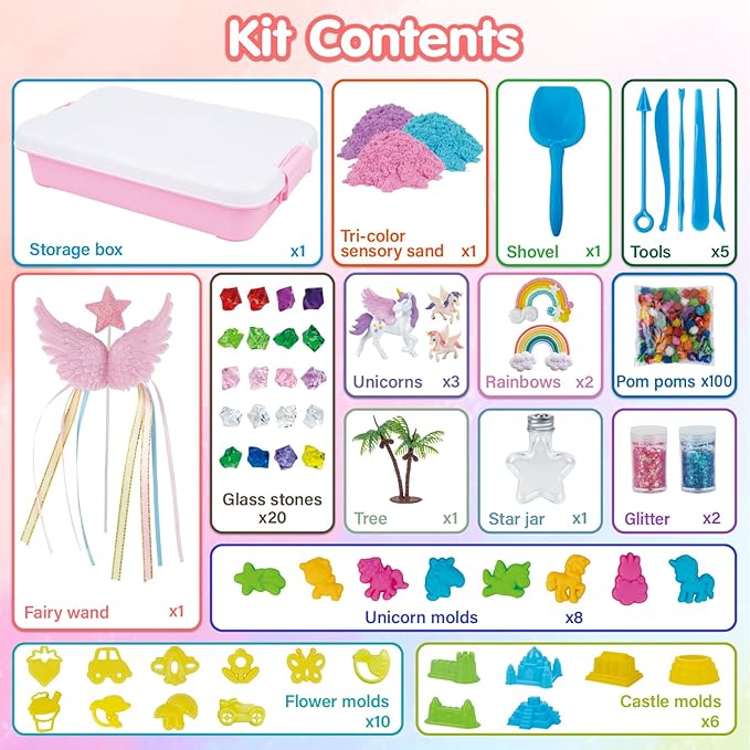 snookids 162Pcs Sensory Bin Magic Sand with Natural Beeswax 690g, Play Sands, Sensory Toys 24 Molds, 3 Unicorns, Sandbox with Lid, Educational Toys and Christmas Gifts for Children 3+