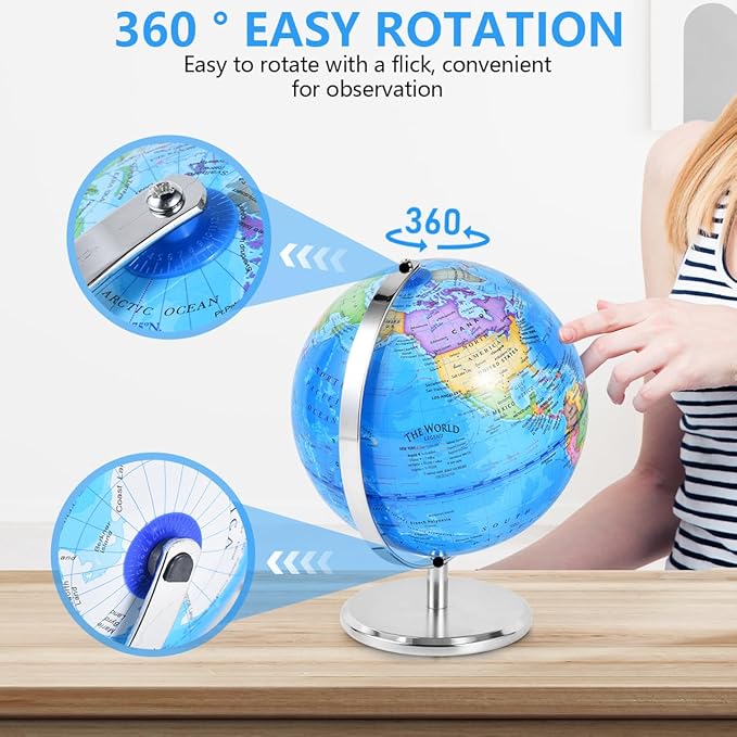 8 Inch World Globe Rotating Earth Spinning Globe with Heavy Metal Stand for Kids Geography Classroom Education or Office Home Decorations