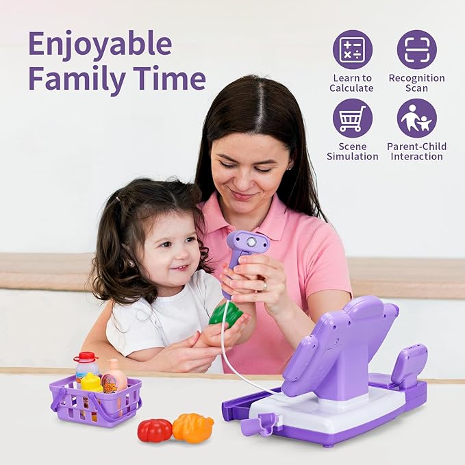 FS Pretend Play Cash Register Toy Preschool Gift for Kids, Classic Count Toy with Sound, Microphone, Scanner, Credit Card, Play Food for Boys & Girls, 57 Pieces Play Set, Ages 3 4 5 6 7, Purple