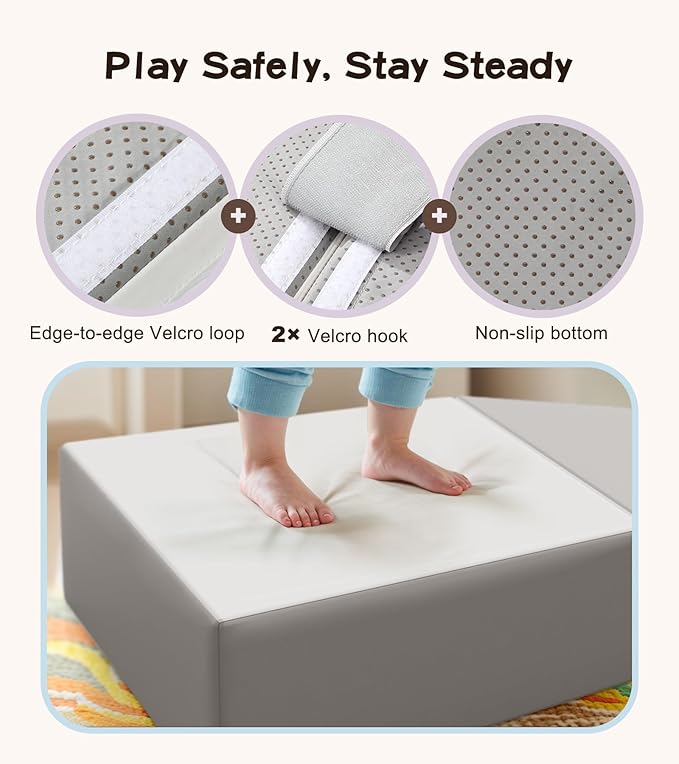5-Piece Climb and Crawl Activity Play Set, Soft Foam Climbing Blocks for Toddlers with Wipe-Clean PU Leather, Anti-Slip Climbing Toys for Toddlers Inside for All-Around Development, Gray & White