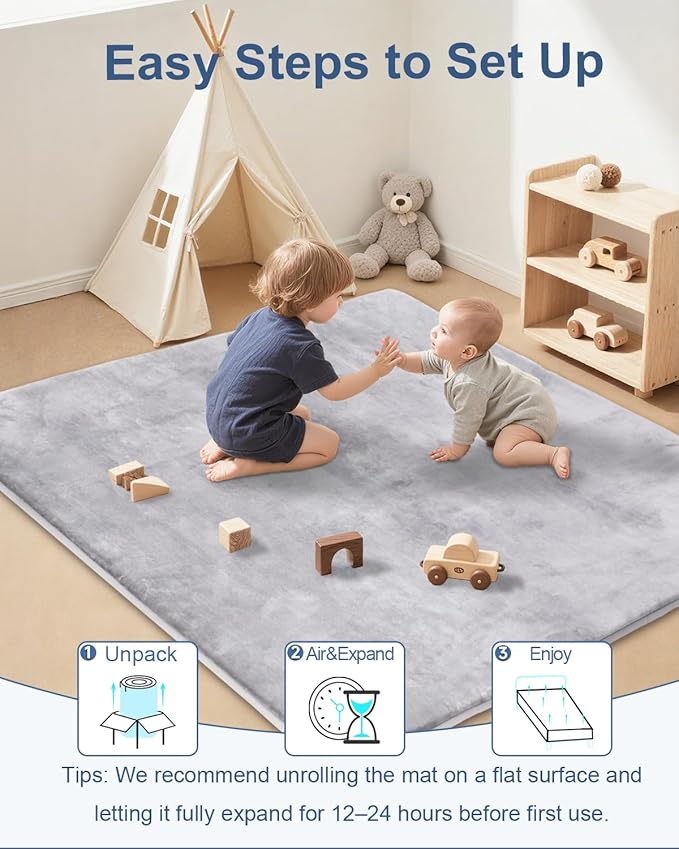Thick Baby Play Mat for Floor,Padded Foam 47x47 Playpen Mat,Ultra Soft Support&Plush Feel Nursery Rug,Non Slip for Toddler, Infants,Kids Play,Yoga,Baby Crawling,Tummy Time(Light Grey)