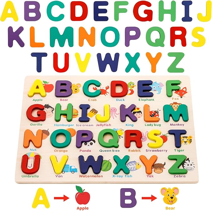 Attmu Alphabet Number Puzzle Wooden Puzzles for Toddlers 3 4 5 Year Old, ABC Puzzle Shape Alphabet Learning Puzzles Toys with Puzzle Board & Letter Blocks Preschool Educational for Girls Boys Set of 2