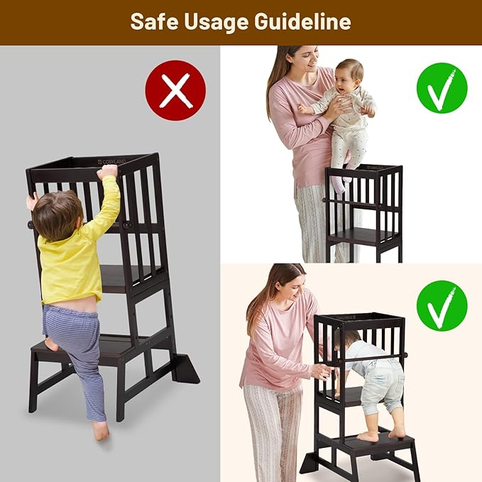 COSYLAND Toddler Standing Tower - Adjustable Height Toddler Kitchen Stool Helper - Kids Kitchen Step Stool for Learning with Removable Safety Railing Black Walnut Color