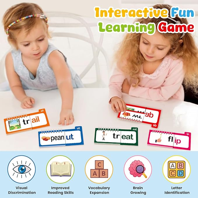 Word Family Build Book, 30 Read and Rhyme Flip Activity Book, ABC Vocabulary Flash Cards CVC Words Reading Games for Kids Ages 3-8 Preschool Learning Activities Families Educational Games