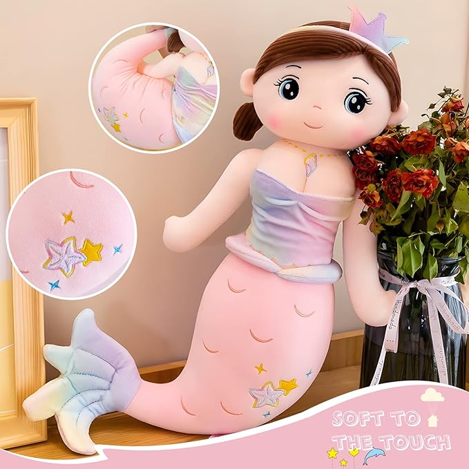 Mermaid Stuffed Animal Plush, 23.6in Cute Soft Pink Hugging Mermaid Plushies Pillow Toys Kawaii Birthday Gift for for Adults Kids Boys Girls