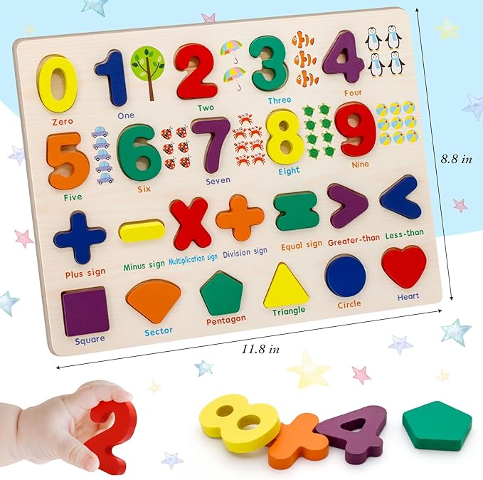 Number Puzzle Wooden Puzzles for Toddlers 1 2 3 4 5 Year Old, Shape Learning Puzzles Toddler Toys with Puzzle Board & Letter Blocks, Preschool Educational for Girls Boys, Pattern Number
