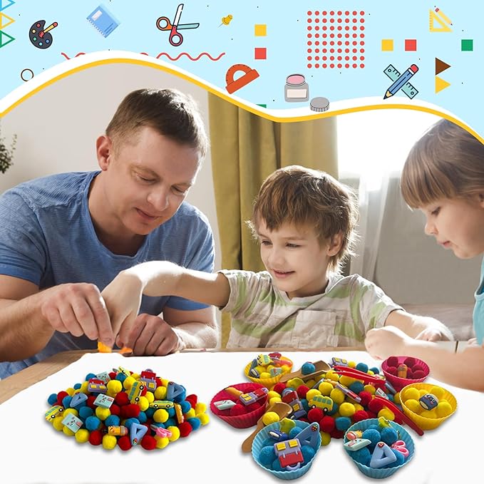 154Pcs Stationery Sensory Bin Filler, Fine Motor Toys Stationery Sensory Bin Items Counting Sorting Toy for Preschool Education Activities Include Pom Poms Pen Scissors Notebooks Cup