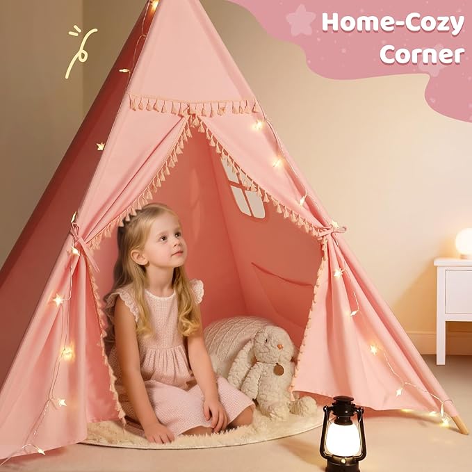 Sumbababy Teepee Tent for Kids Indoor – Cotton Canvas Play Tent with Tassel Trim, Foldable Toddlers Tent for Girls, Ideal Gift with Star Lights, Banner & Carry Bag (Pink)