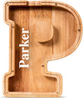 Summidate Customized Name Large Wooden Piggy Bank for Kids Boys Girls Alphabets Letter A-Z Coins Bills Money Change Bank Box Initial on Clear Cover (Laser Engraved) (Alphabet-P, Personalized-9")