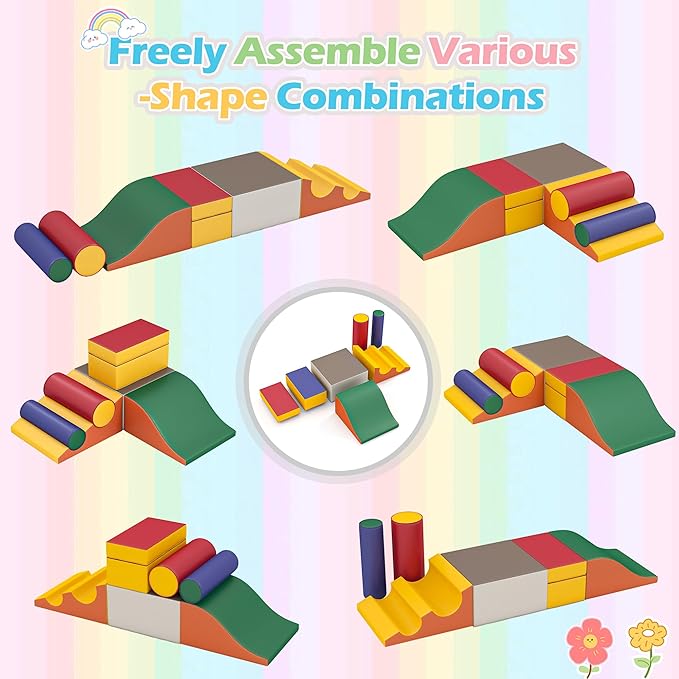 MU Soft Climbing Toys for Toddlers, Soft Foam Climbing Blocks, PU Leather Gym Climb & Crawl Soft Activity Playset, Indoor Climbing Toys Equipment for Kids and Children, Classic Grey, Macaron