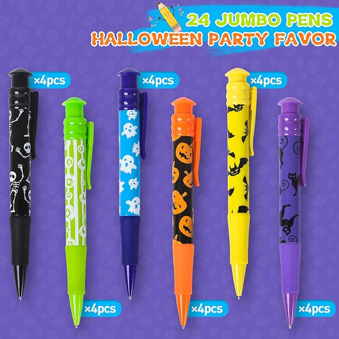 Shemira Halloween Party Favor for Kids, 24 Pcs Jumbo Pen in 6 Assorted Halloween Theme Designs for Trick or Treating,Goodie Bag Filler,Miniatures, School Classroom Rewards
