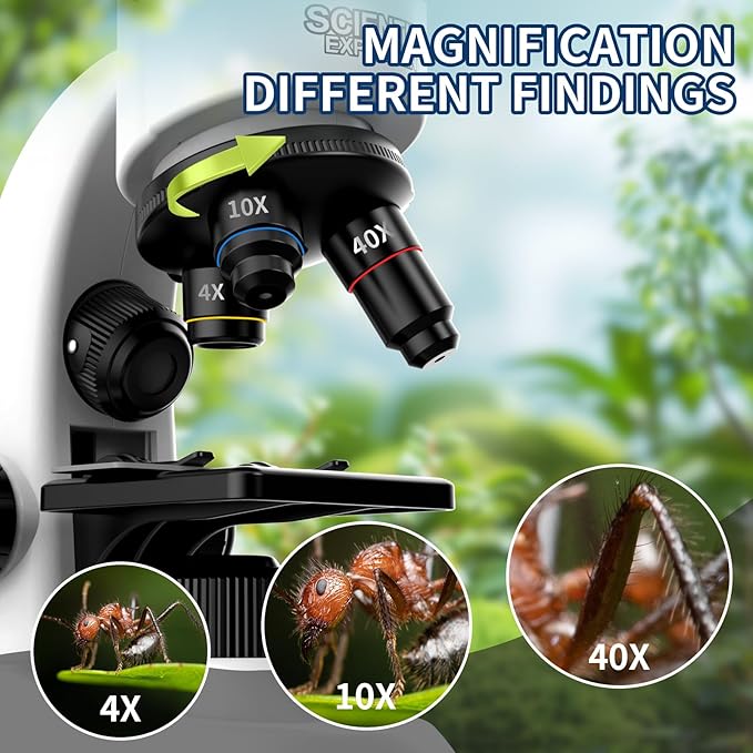 Microscope for Kids Scientific Experiment Kit 40X-1600X Magnification LED Light Educational STEM with Slides and Lab Tools Ages 6-12 (White)