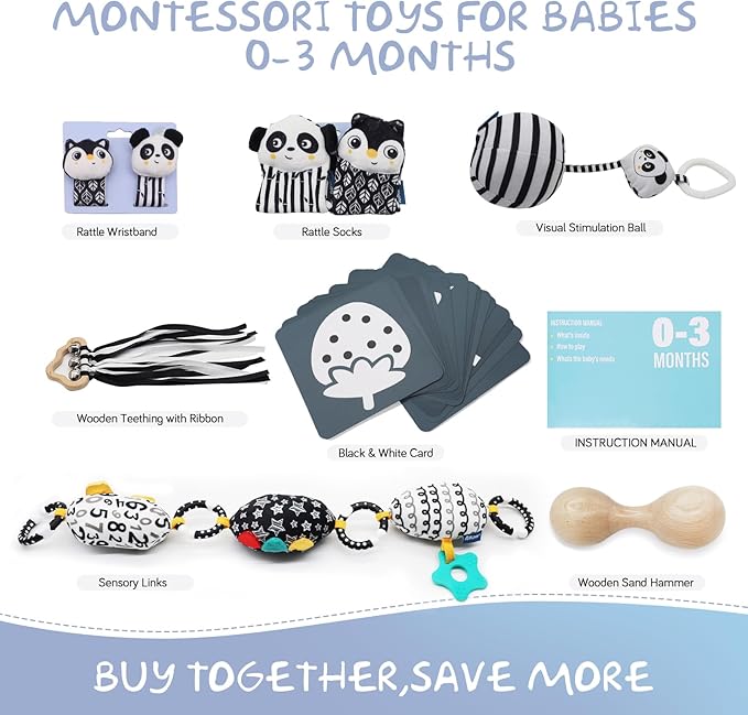 vocheer Black and White Baby Toys, 7 in 1 Sensory Toys for Infants, Tummy Time Toy Newborn 0-3 Months Brain Development, High Contrast Baby Cards Infant Montessori Toy Gift