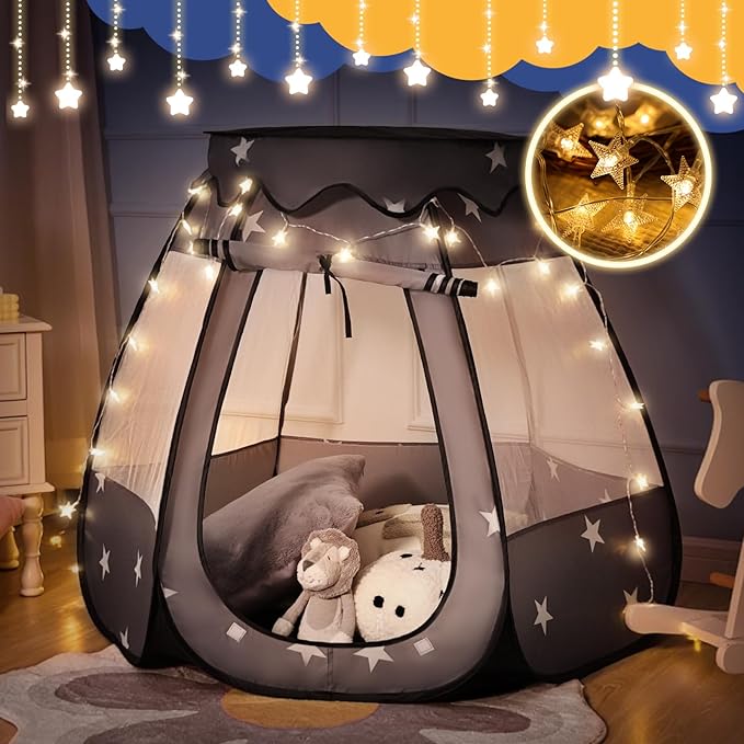 Pop Up Play Tent with Star Light：Neutral Toy for Boy Girl Birthday Gifts, Portable Ball Pit with Outdoor Carry Bag, Collapsible Kids Tent for Toddler Indoor Activity Playhouse,NO Balls(Black)