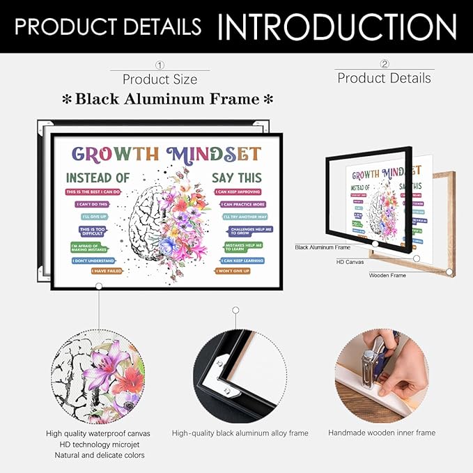 CEHNSENHUI Classroom Growth Mindset Affirmations for Kids Mental Health Posters Brain Poster Psychology Special Education Calm Corner Wall Art Office Therapy Canvas Wall Decor 12x16in BlackFramed