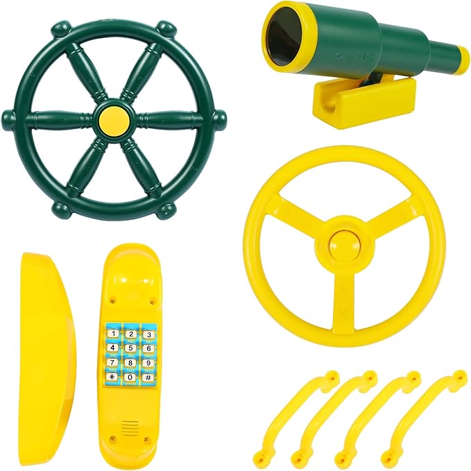 RedSwing Playground Accessories for Kids, Outdoor Playground Attachments with 2 Pirate Ship Wheel, Toy Telescope, Telephone and Safety Handles (Yellow and Green)