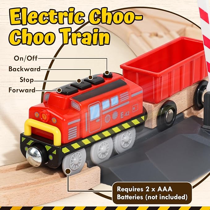 Lehoo Castle Wooden Train Set, Construction Toys Train Set for Toddlers 2-4, Wooden Train Track for Kids w/Crane, Railway Playset Toys for 3 Year Old Boys Girls