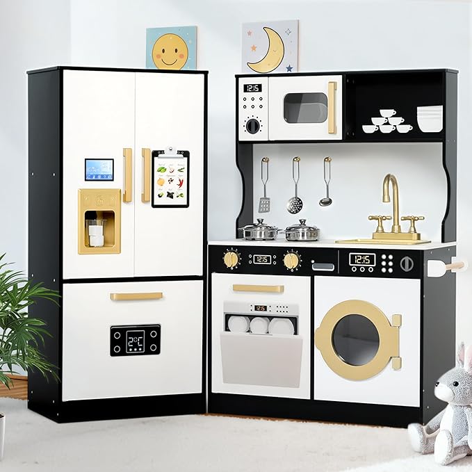 Kinder King Wooden Kids Play Kitchen, Toy Kitchen Playset for Toddler, Play Kitchen Set w/Transparent Coloring Board, Pretend Fridge, Washing Machine, Ice Maker, Gift for Boys Girls Age 3+, Black