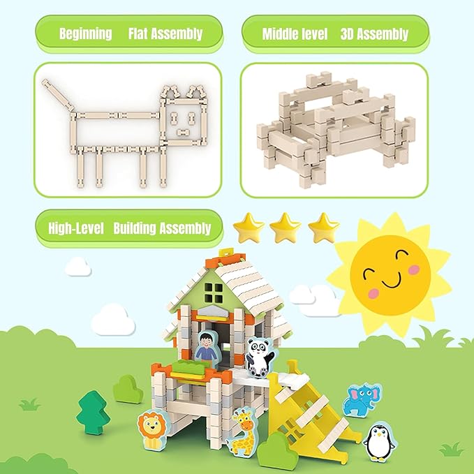 157PCS Wooden Building Blocks Set for Toddlers, Construction City Stacking Toys, Preschool Learning Educational Toys for Kids 3+ Years Girls and Boys (Fire Station)