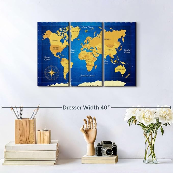 ElephantStock Yellow Longitude World Map Multi Piece Canvas - 3 Panel Wall Decor - Map of the World Art - Canvas for the Office and Home - 23" X 14"