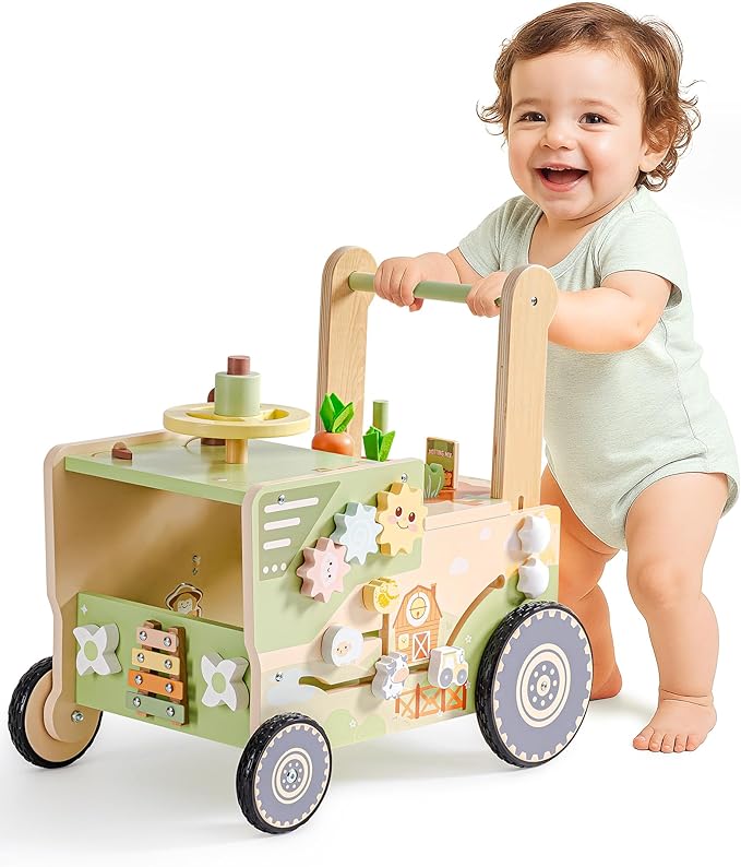 ROBOTIME Wooden Baby Walker Push Toy for Toddlers, Baby Push Walker with Wheels, Farm-Themed Activity Center for Girls & Boys, Adjustable Speed Walker for Baby Learning to Walk