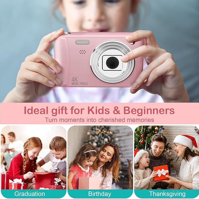 Upgrade Kids Digital Camera, Christmas Birthday Gifts for Girls Age 3-12, HD Digital Selfie Video Cameras for Toddler, Portable Toy for 3 4 5 6 7 8 9 10 Year Old Girl with 32GB SD Card-Pink