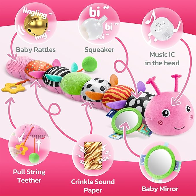 HEMRLY Baby Girl Toys for 0-6 Months, Musical Plush Caterpillar Infant Sensory Toy with Baby Mirror&Crinkle Rattle,Pull String,Teething, Tummy Time Newborn Gifts for 0-3-6-12 Boys Girls - Pink Leaf