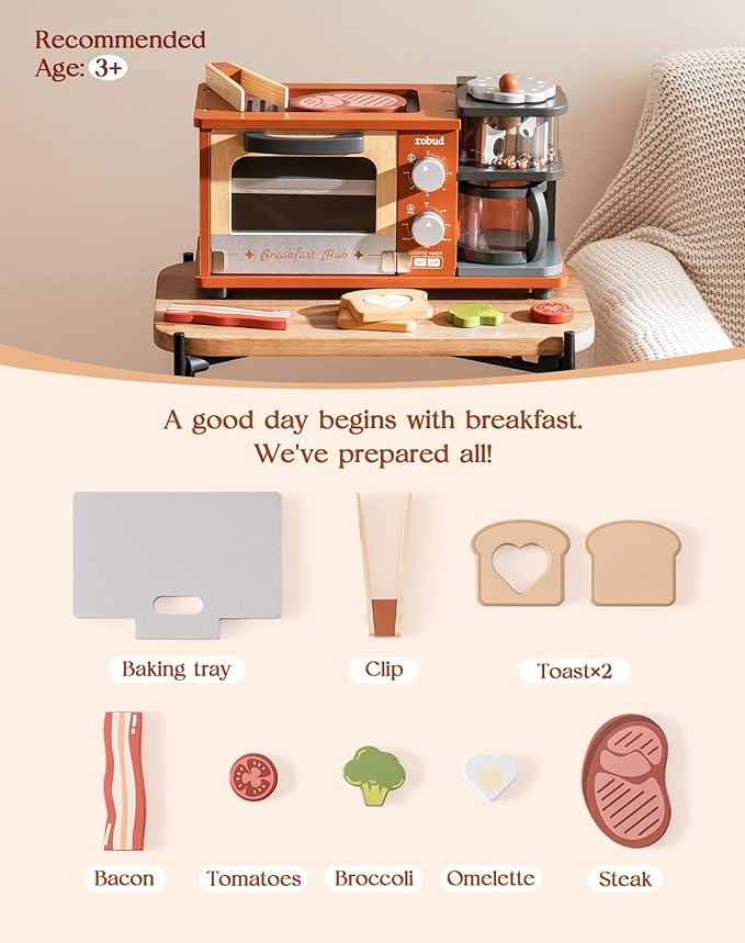 ROBUD Toddler Kitchen Playset - Wooden Breakfast Set with Coffee Maker, Toaster, Griddle, Play Food - Realistic Pretend Play Kitchen Appliance and Accessories for Kids Ages 3+ Boys and Girls (Caramel)