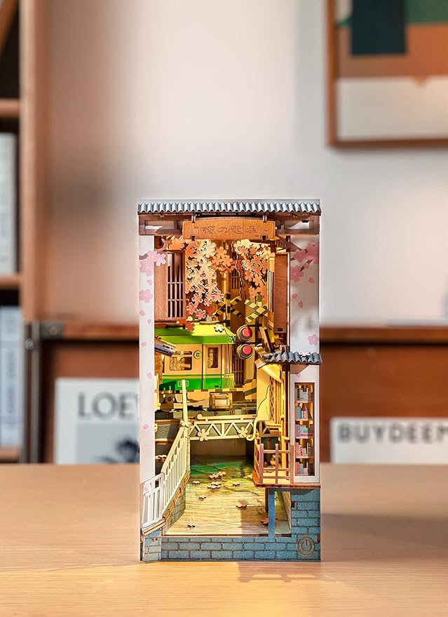 ROBOTIME DIY Book Nook Kit DIY Miniature Dollhouse Booknook Kit 3D Wooden Puzzle with LED Light,Decorative Bookend Bookshelf Insert Decor for Teens and Adults (Sakura Tram)