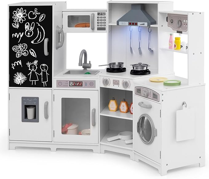 GLACER Corner Wooden Play Kitchen for Kids, Large Pretend Play Kitchen Playset with Sound, Light, Chalkboard, Microwave, Ice Maker, Washing Machine, Accessories, Toy Kitchen Set for Ages 3+ (White)