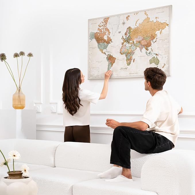 Canvas World Map with Cork Pin Board - English Lettering - Decorative Wall Decoration for All Rooms - Canvas Pictures with World Map Motif (120x80 cm, Pattern 22)