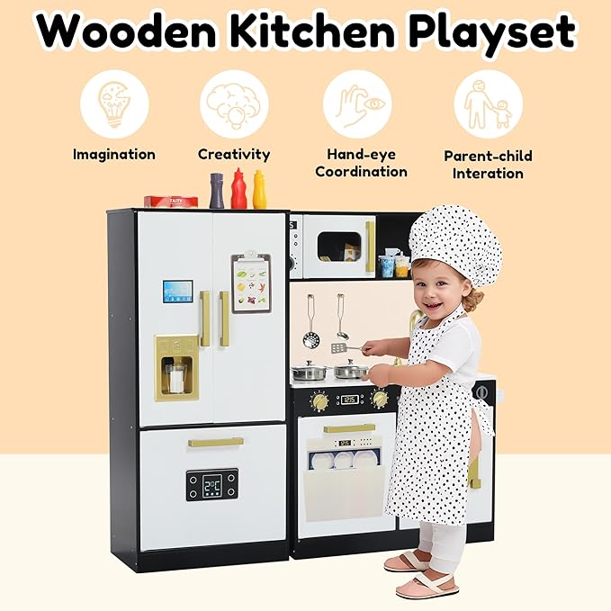 Play Kitchen Sets for Kids, Pretend Wooden Kids Kitchen Playset, Interactive Toy Kitchen with Freezer, Washing Machine, Ice Maker & Large Storage Space, for Boys Girls Ages 3+, Black