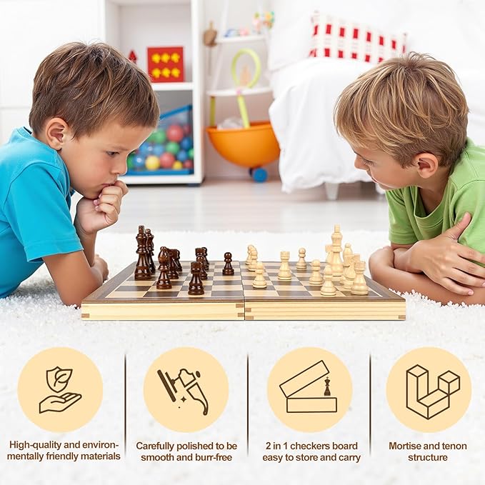 LEAP Magnetic Wooden Chess Sets 15.5 inch Foldable Chess Board 3 inch King Height Chess Pieces, Upper Checker Storage Slots for Beginer, Adults