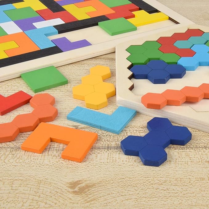 Wooden Puzzle Hexagon Puzzles for Toddlers Tangram Jigsaw Puzzle, Montessori Educational Gift for Kids & Adults