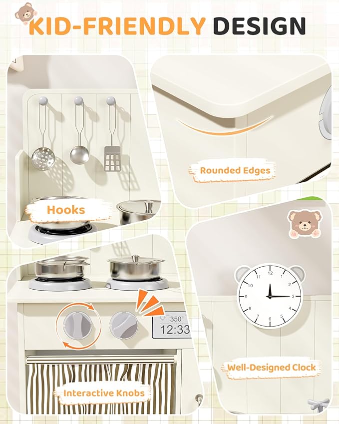 MAMIZO Kids Kitchen Playset with Ample Storage, Interactive Play Kitchen with Simulated Gas Cooker, Clicking Knobs, Sink, Faucet, 6 Pcs Cookware, Educational Clock for Toddlers (Cream)