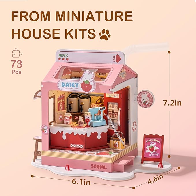 DIY Mini House Building Miniature Kit Milkbox, Miniature Lifestyle Bookshelf Decoration, Cute Craft Kits for Women or Girls 14+, Kawaii Gifts Hobbies for Crafters (Strawberry Milkbox)