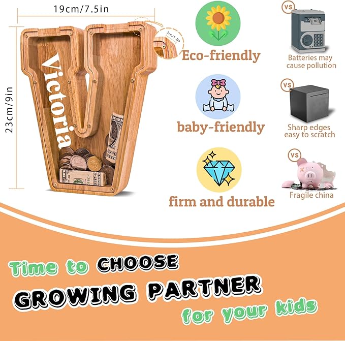 Wooden Letter Piggy Bank for Kids Larger Letter Piggy Bank for Boys and Girls Personalized Piggy Bank Initial Coin Bank Wood Kids Money Bank for Birthday and Festival