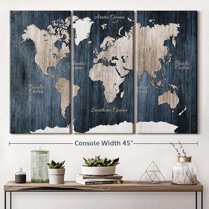 ElephantStock Aged Blue World Map I Canvas - 3 Panel Wall Decor - World Map Digital Art - Blue Wall Art - 45" X 28"