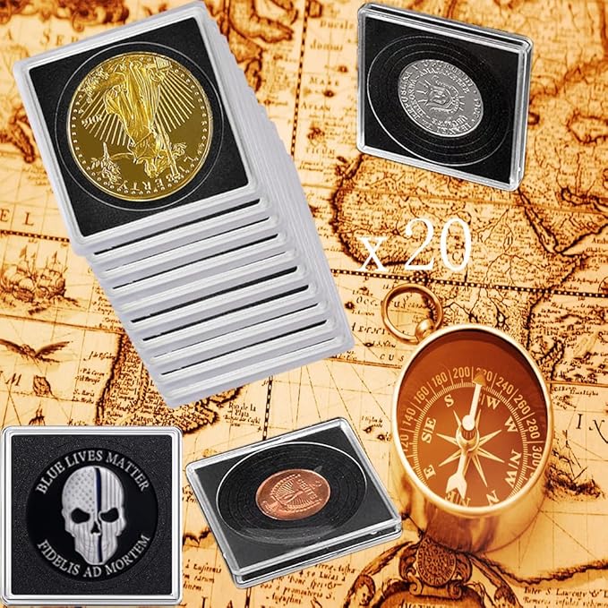 Coin Capsule Coin Snap Holder 2 x 2 Inch Half Dollar Coin Holder, Coin Cases for Collectors Coin Sleeves Collectors for Coin Collection Supplies (Black Foam Gasket, 20)