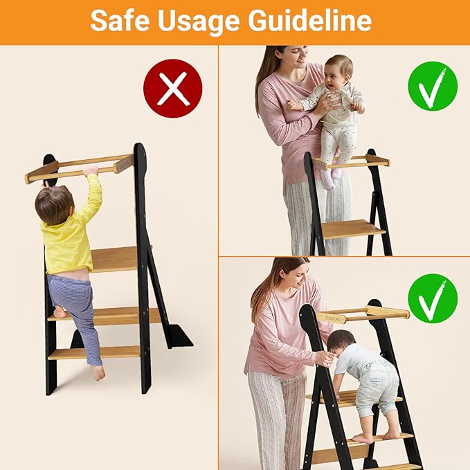 COSYLAND Foldable Toddler Kitchen Stool Helper - Height Adjustable Standing Tower for Bathroom Sink or Kitchen Counter - Step Stool for Toddlers Ages 18 Months to 6 Years Black & Natural