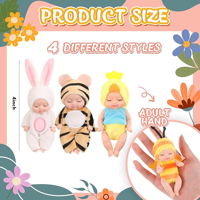 Hanaive 4 Pcs 4 Inch Mini Baby Dolls Lifelike Realistic Baby Dolls Animal Clothes Cute Tiny Gifts for Kids Birthday Party(Vivid Style)