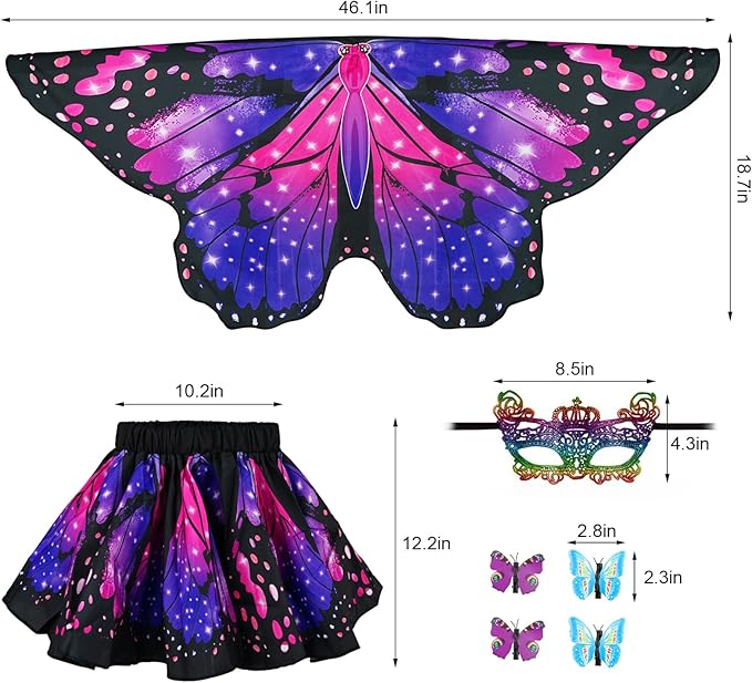 Butterfly Costume for Girls Fairy Wings Kids 4 Pcs(Cape,Skirts,Masks,Hair Clips) Butterfly Wings for Halloween Gifts