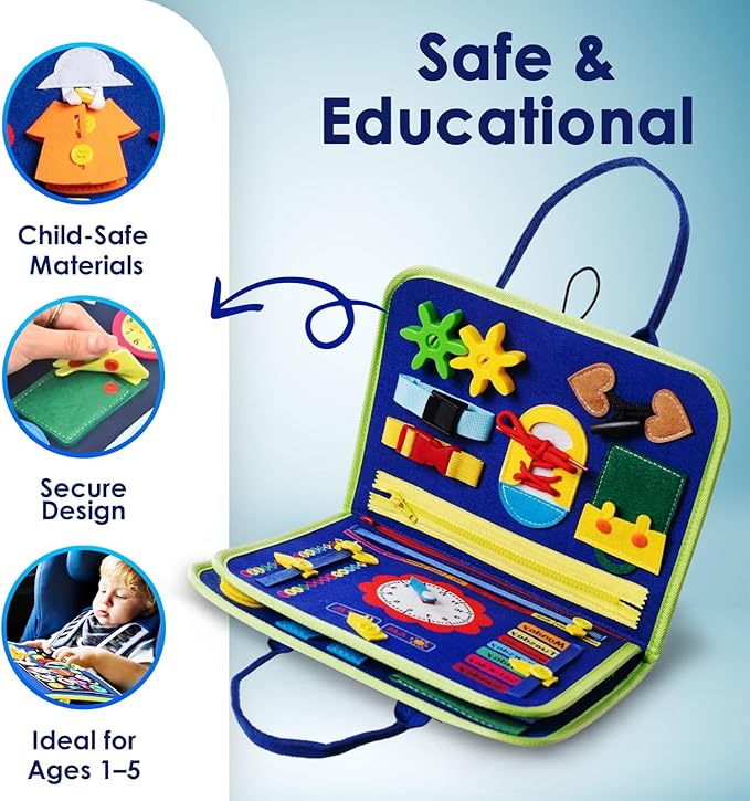 Busy Board Montessori Sensory Toy Travel Educational Book Kids 2 3 4 Years Toddler Fine Motor Skills Preschool Activities Clock Buckle Zipper Buttons Learning Gift Portable Carry Case