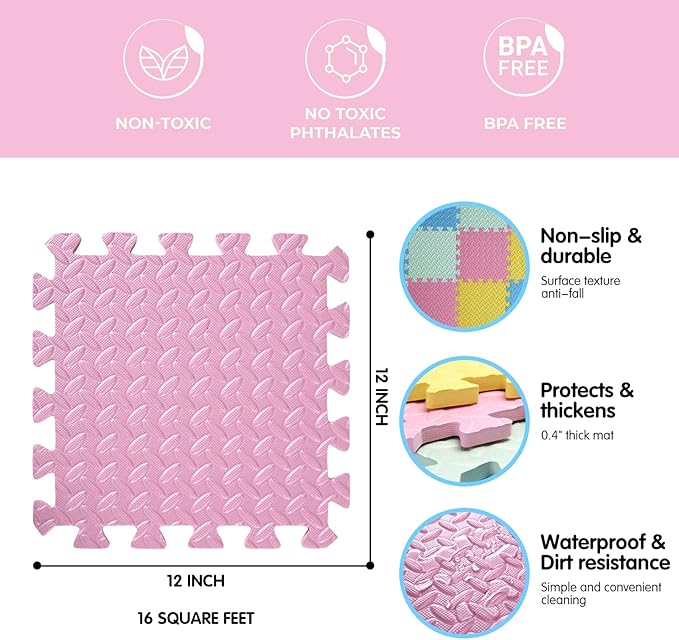16 Tiles Foam Play Mat for Baby, Soft & Safe EVA Foam Mats for Floor, Square Baby Play Mat, Colored Kids Foam Puzzle Floor Mat, 47x47 Play Mat for Playpen(Pink/Yellow/Light Blue/Green)