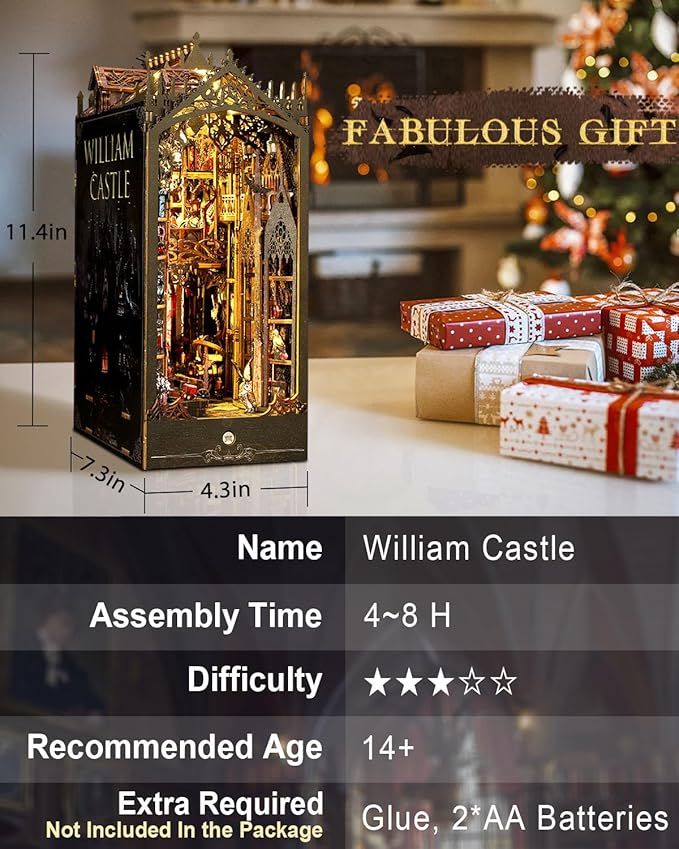Book Nook Kit William Castle, DIY Booknooks Kit for Adults Teens with Sensor Lights, Bookshelf Diorama Miniature Scenes Insert Decor, 3D Wooden Puzzle Miniature House Kit Gifts for Women