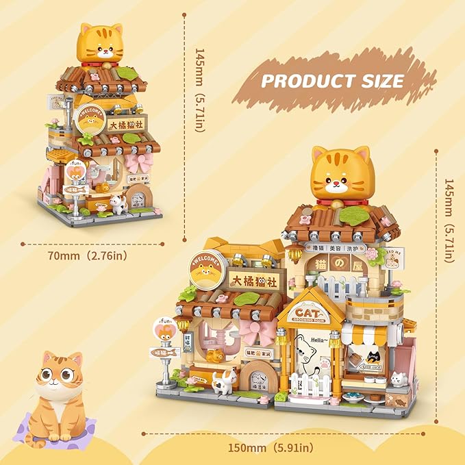 Street View Cute Cat Shop Mini Building Blocks, MOC Creative Building Toys Cute Animals Building Set for Girls 6-12, Simulation Architecture Construction Toy, Gift Idea for Kids Adults (917 PCS)