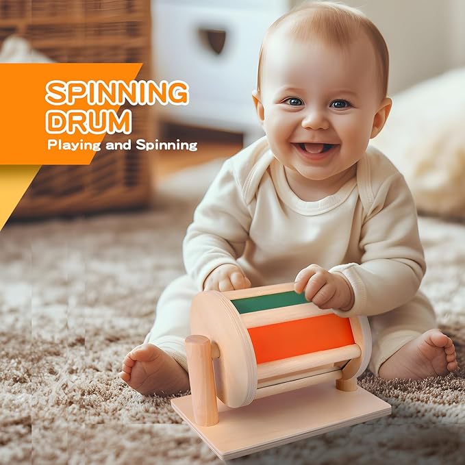 Montessori Toys for Babies 0-6 Months, 6 in 1 Learning Educational Set for Newborn, Toddlers Gifts Includes Spinning Drum, Object Permanence Box, Baby Roller Tummy Time Mirror and More