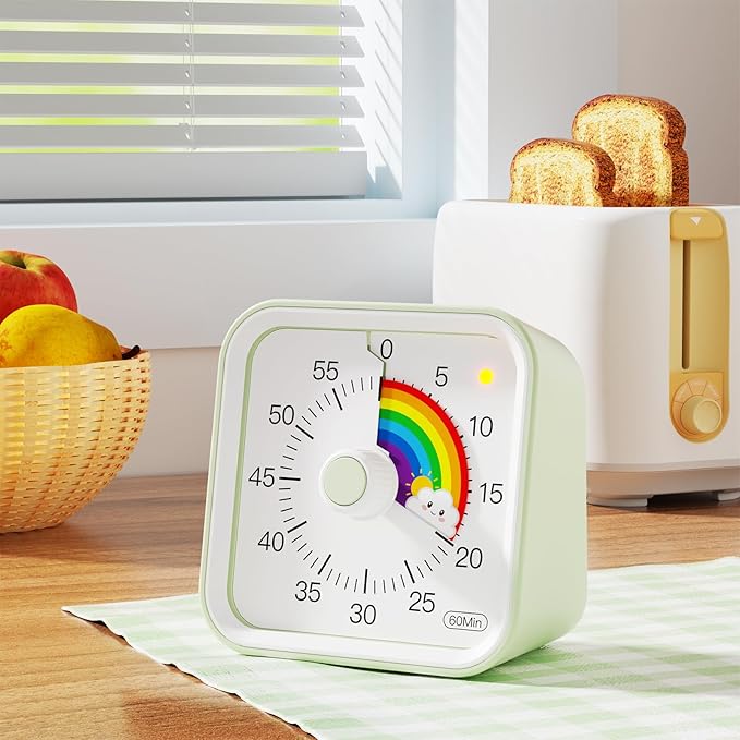 Visual Timer for Kids with Pause Function, Cute Silent Timer with Rainbow for Classroom, Teaching, Task, Kitchen, 60 Minute Countdown Time Management for ADHD (Rainbow Green)