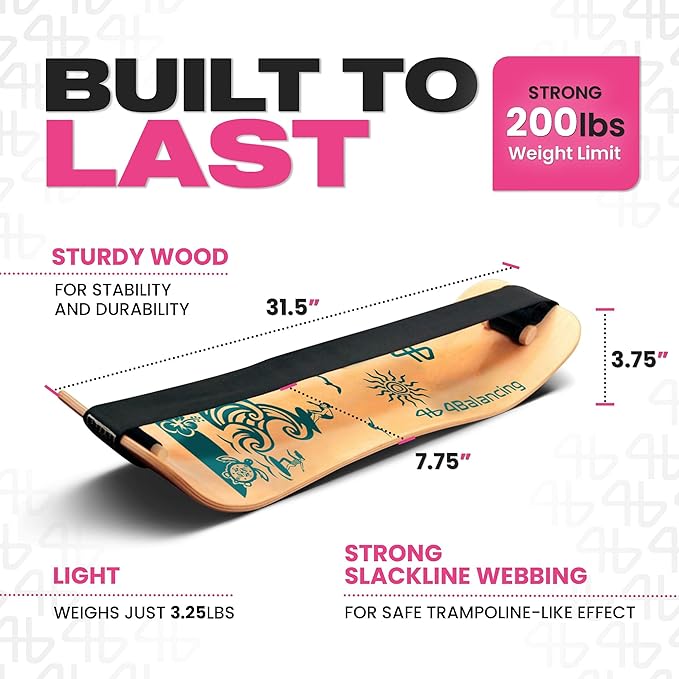 Balance Board for Kids - Slackline Wooden Wobble Board - Slackboard Balance Trainer for Coordination - Training for Skateboard, Snowboard, Football, Soccer, Baseball, Basketball